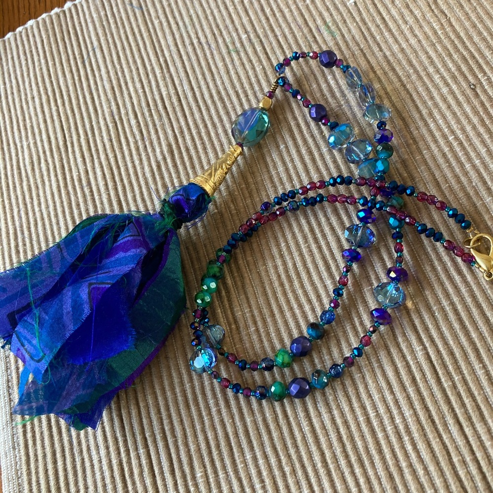 Boho Recycled Sari Silk Tassel Necklace w Czech Pressed Glass in Blues & Pinks